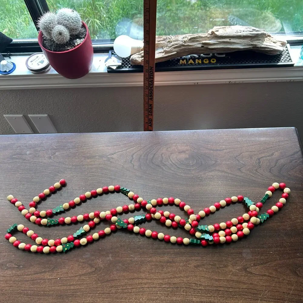 Vintage Wood Wooden Bead Garland Red Green 8 ft+ long 2 Strands